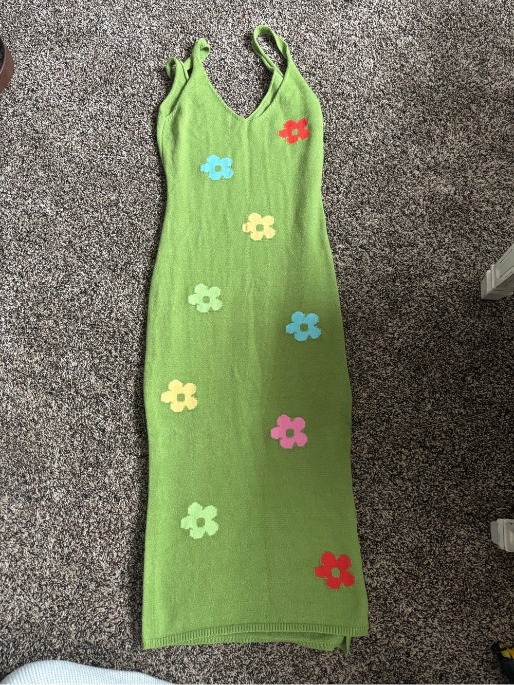 Cider Green Midi Dress with Multicolor Flower Appliqués